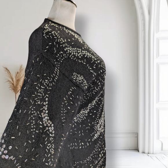 Vintage 90s IB Diffusion Beaded Flames Sweater Size M Black Silk Angora - Picture 5 of 13